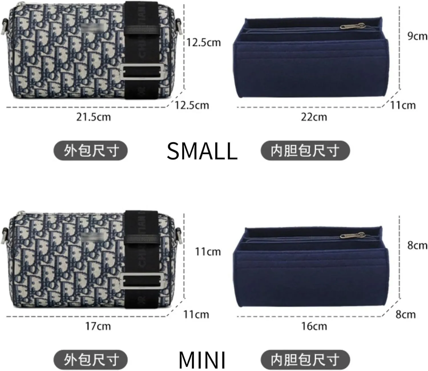 Bag Organizer for Dior Roller Messenger bag |Handmade Custom Bag Insert|2mm Felt Bag Liner|Women Handbag Shaper (Style A-Blue, Small)