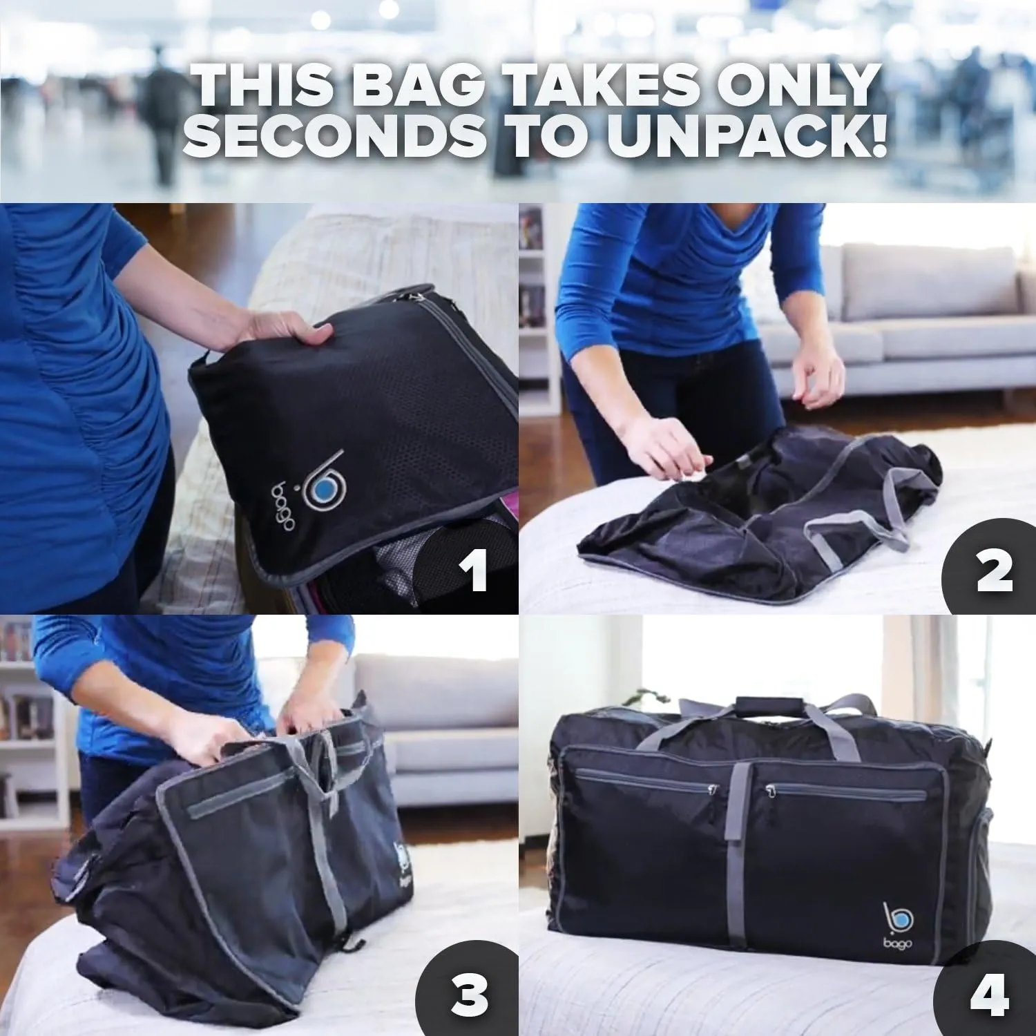 Bago Large Foldable Duffel Bags for Traveling Women & Men - 120L Packable Duffle Bag for Travel with Shoe Compartment - Water Repellant, Heavy Duty, Lightweight Folding & Collapsible (Black)