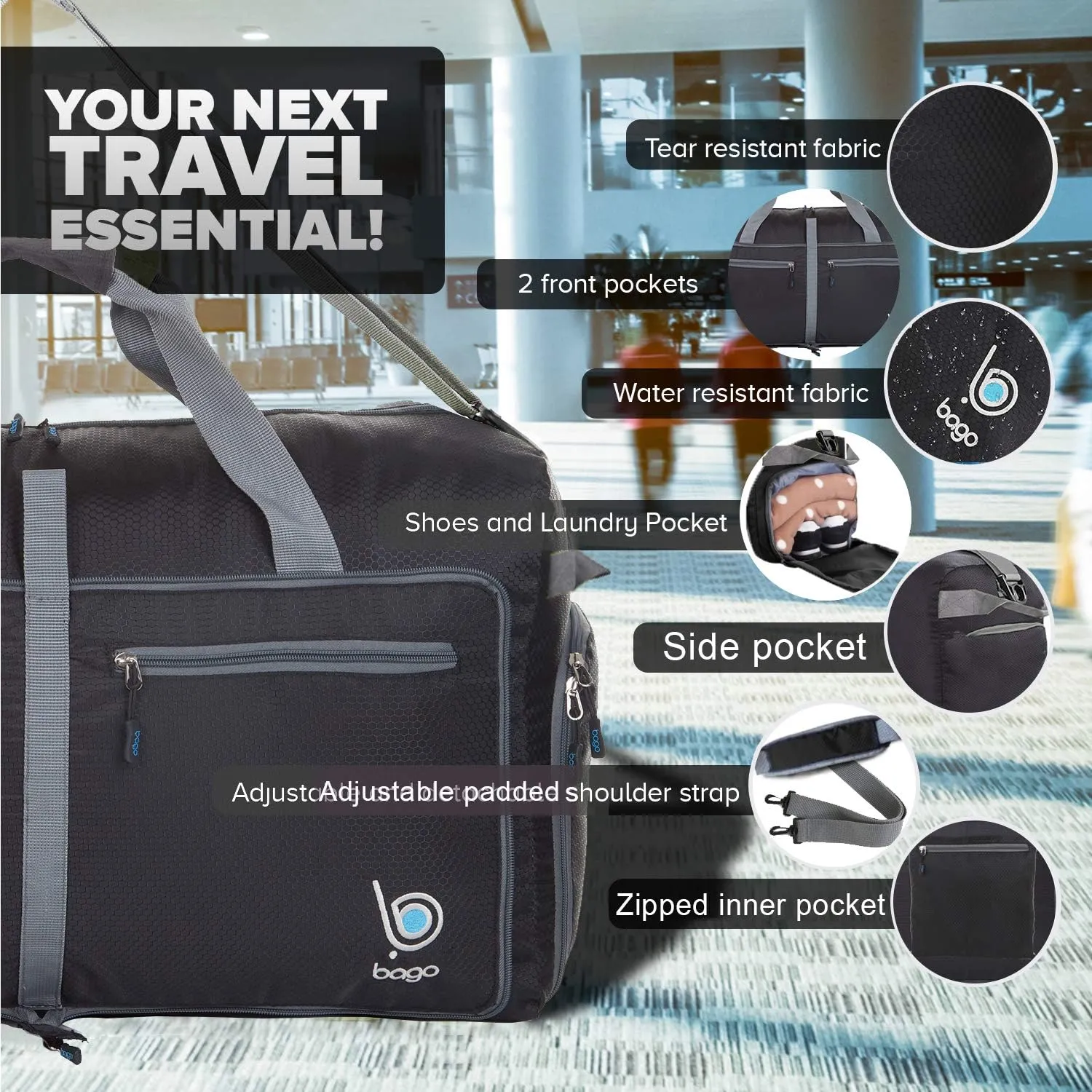 Bago Large Foldable Duffel Bags for Traveling Women & Men - 120L Packable Duffle Bag for Travel with Shoe Compartment - Water Repellant, Heavy Duty, Lightweight Folding & Collapsible (Black)
