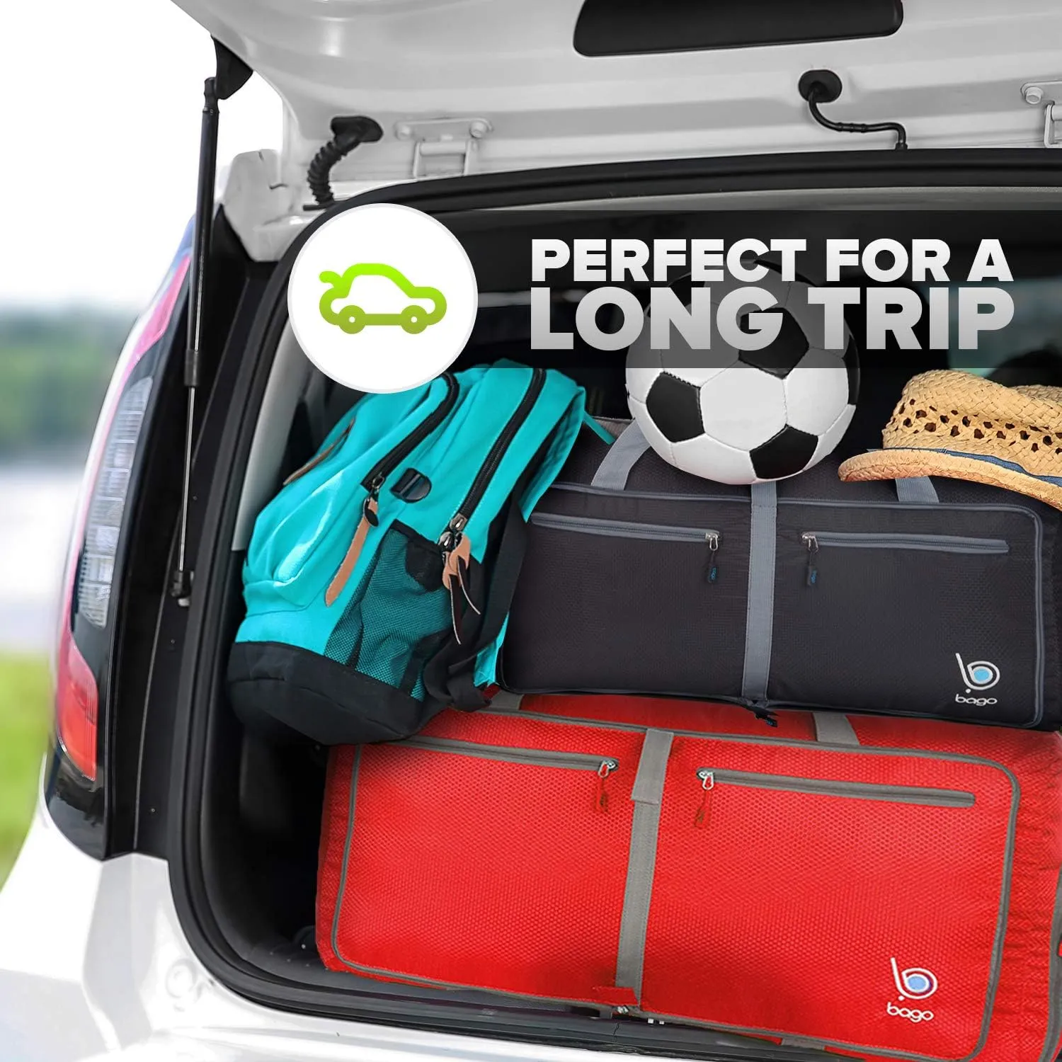 Bago Large Foldable Duffel Bags for Traveling Women & Men - 80L Packable Duffle Bag for Travel with Shoe Compartment - Water Repellant, Heavy Duty, Lightweight Folding & Collapsible (Red)