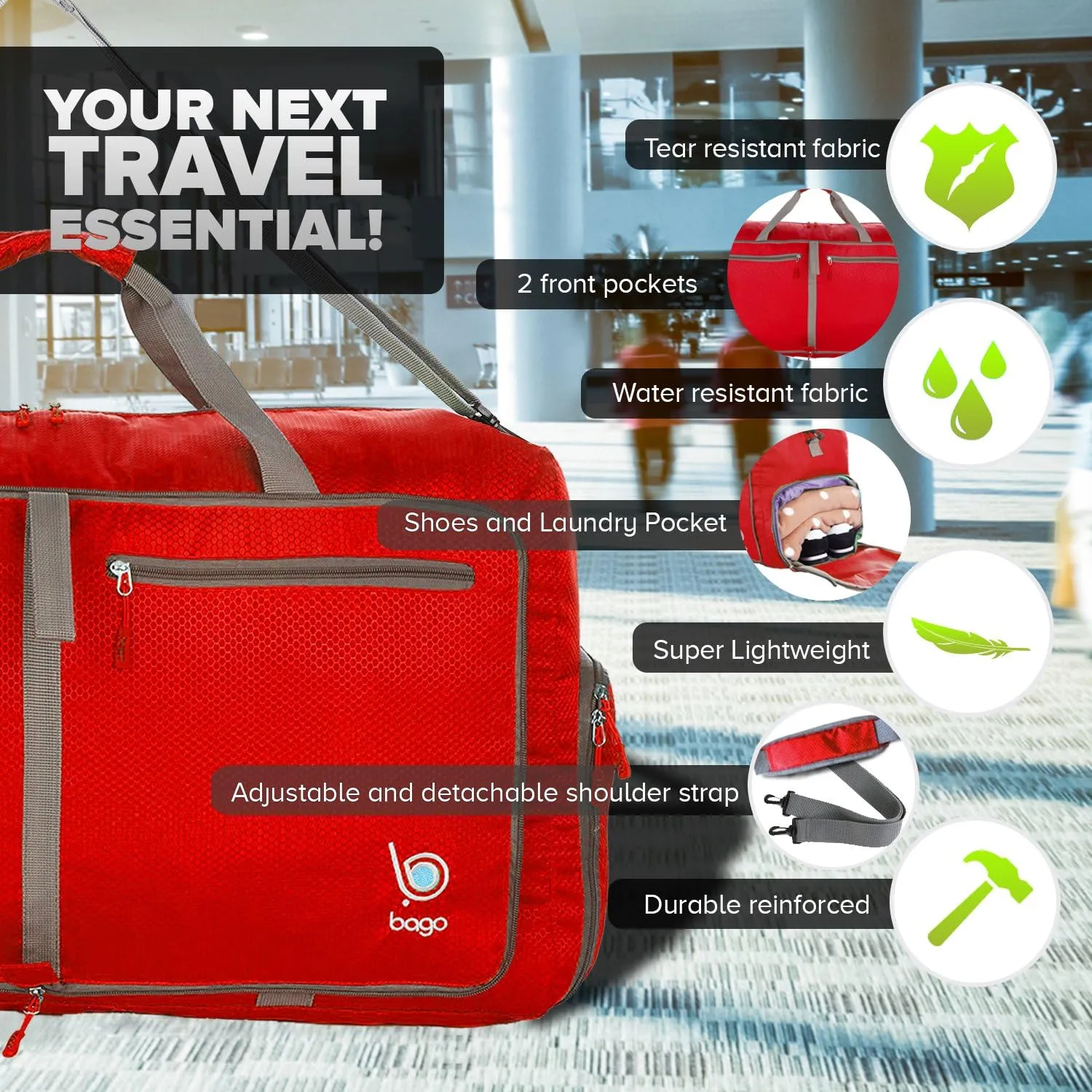 Bago Large Foldable Duffel Bags for Traveling Women & Men - 80L Packable Duffle Bag for Travel with Shoe Compartment - Water Repellant, Heavy Duty, Lightweight Folding & Collapsible (Red)