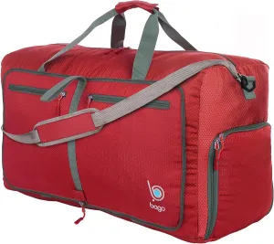 Bago Large Foldable Duffel Bags for Traveling Women & Men - 80L Packable Duffle Bag for Travel with Shoe Compartment - Water Repellant, Heavy Duty, Lightweight Folding & Collapsible (Red)