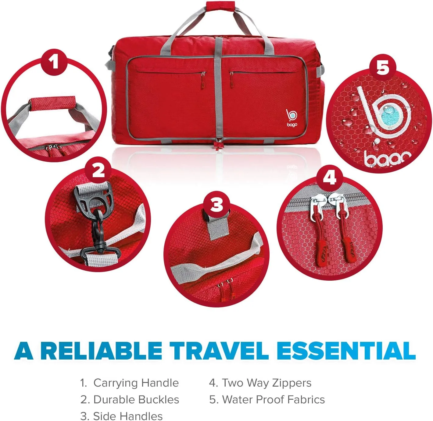 Bago Large Foldable Duffel Bags for Traveling Women & Men - 80L Packable Duffle Bag for Travel with Shoe Compartment - Water Repellant, Heavy Duty, Lightweight Folding & Collapsible (Red)