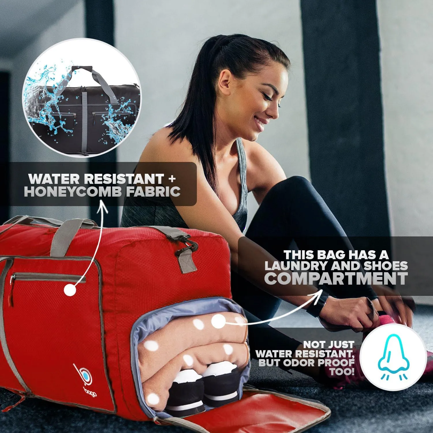 Bago Large Foldable Duffel Bags for Traveling Women & Men - 80L Packable Duffle Bag for Travel with Shoe Compartment - Water Repellant, Heavy Duty, Lightweight Folding & Collapsible (Red)