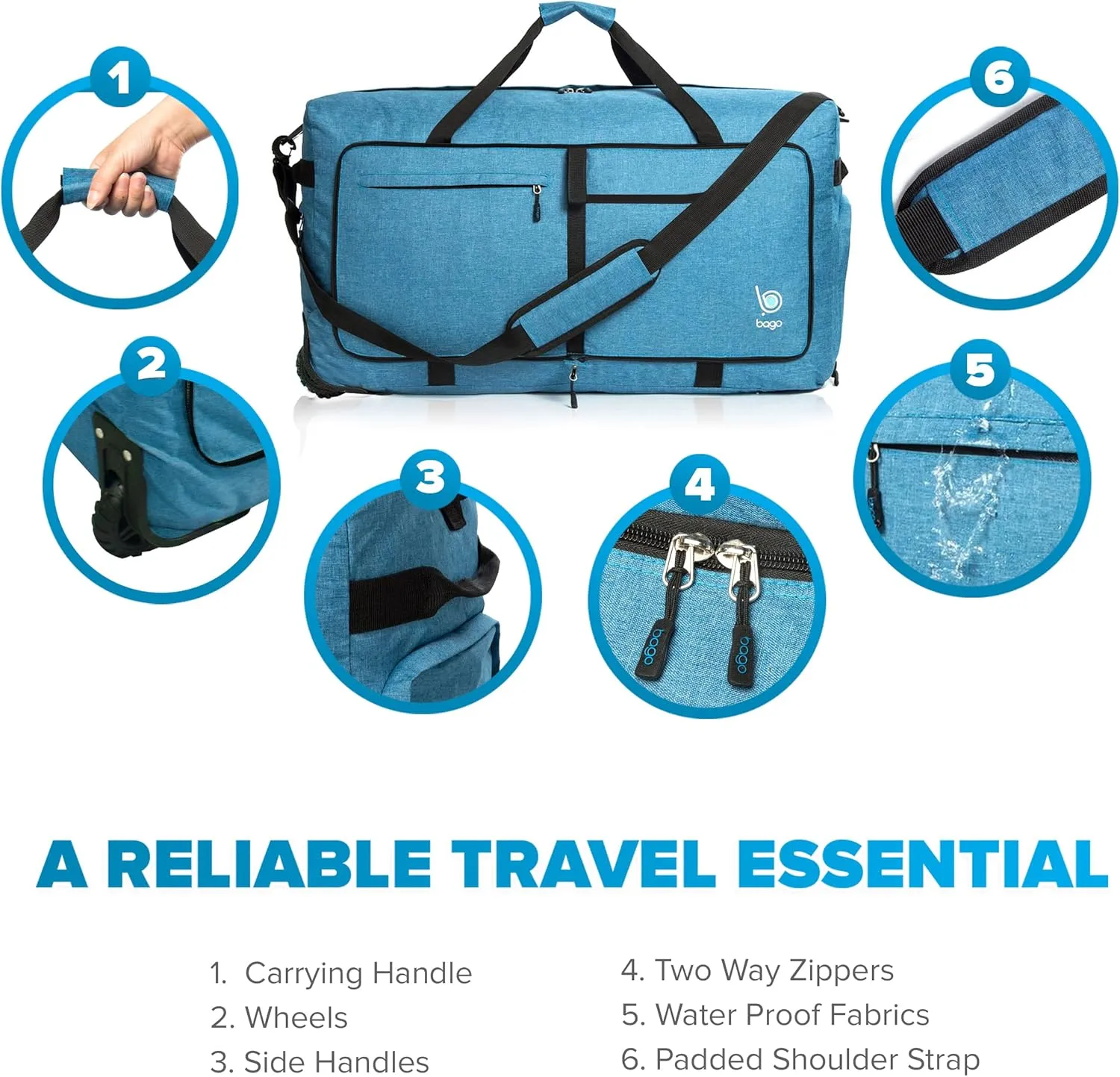 Bago Rolling Duffle Bag with Wheels - 27" 80L Foldable Weekender Bag, Waterproof Travel Duffel Bag, Heavy Duty lightWeight Duffle Bag for Traveling, Rolling Duffel Bag with Wheels (Snow Blue)