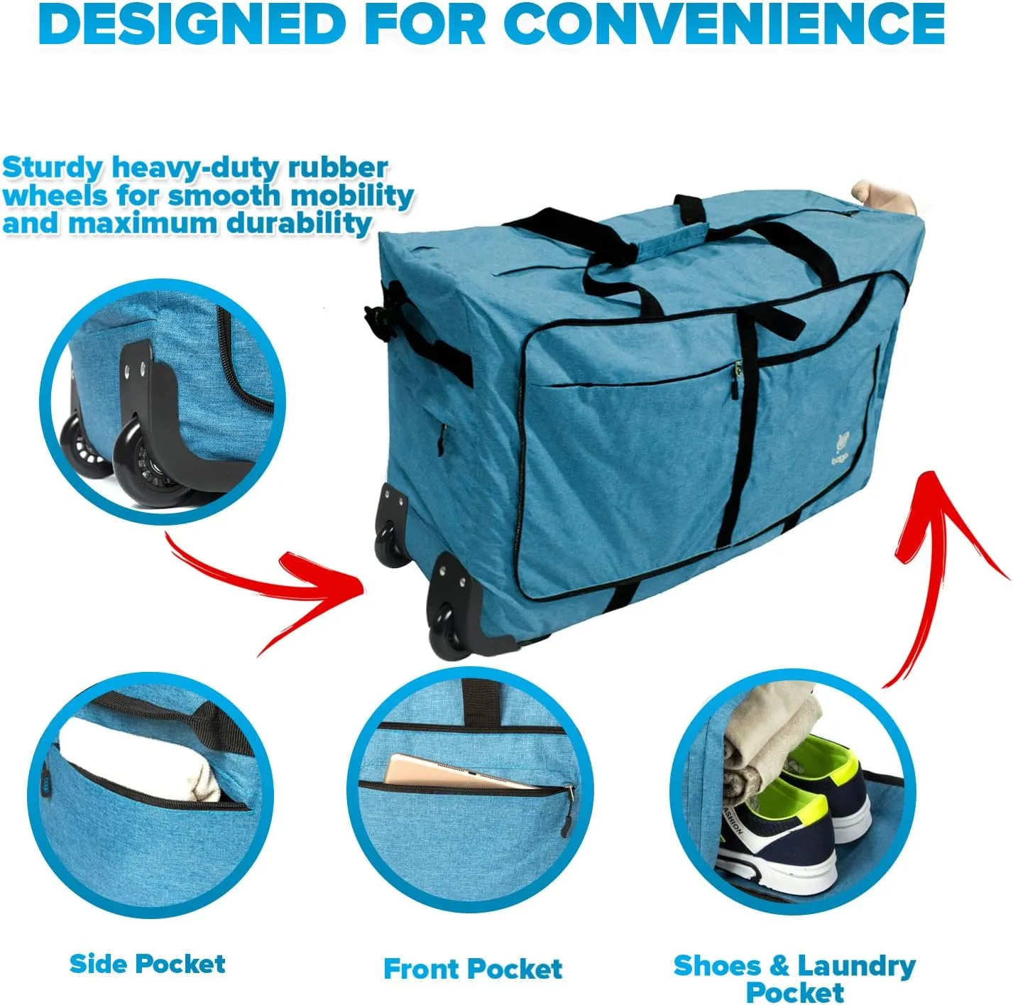 Bago Rolling Duffle Bag with Wheels - 27" 80L Foldable Weekender Bag, Waterproof Travel Duffel Bag, Heavy Duty lightWeight Duffle Bag for Traveling, Rolling Duffel Bag with Wheels (Snow Blue)