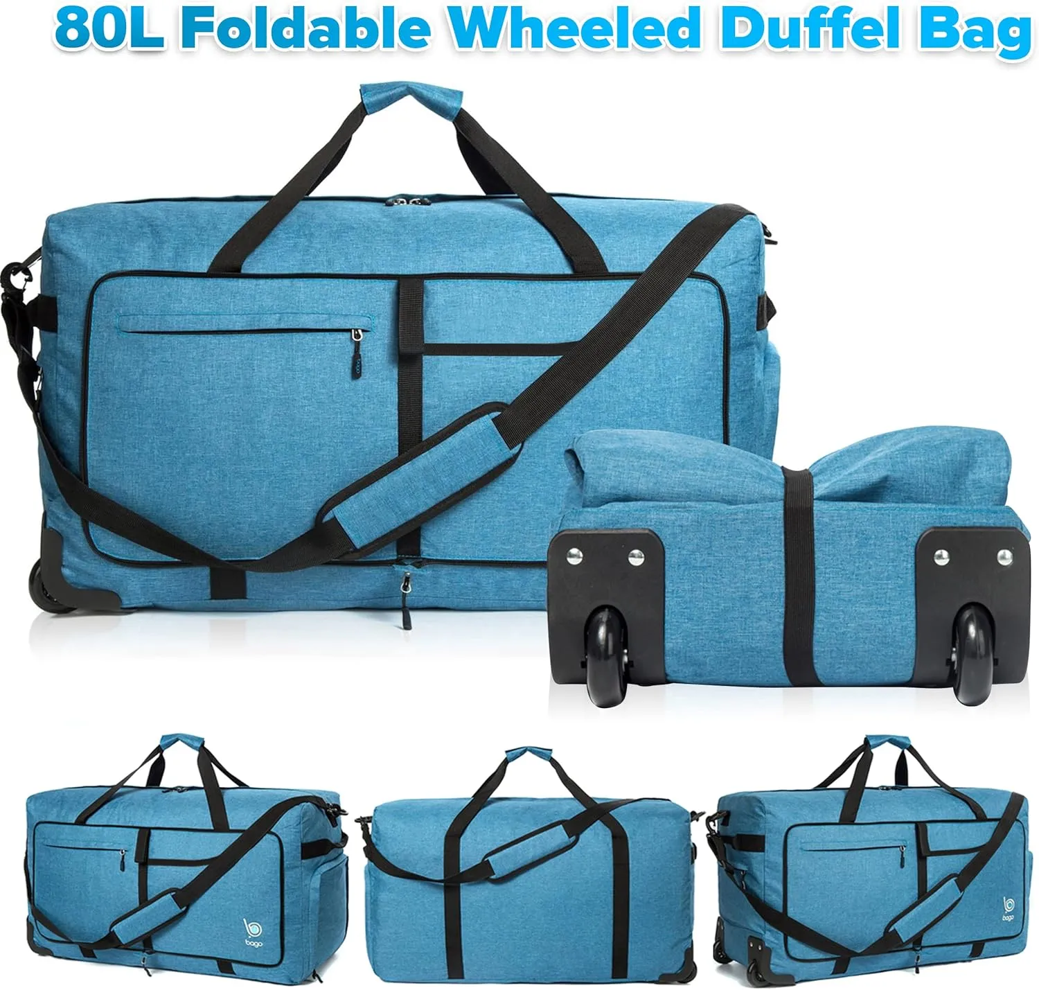 Bago Rolling Duffle Bag with Wheels - 27" 80L Foldable Weekender Bag, Waterproof Travel Duffel Bag, Heavy Duty lightWeight Duffle Bag for Traveling, Rolling Duffel Bag with Wheels (Snow Blue)