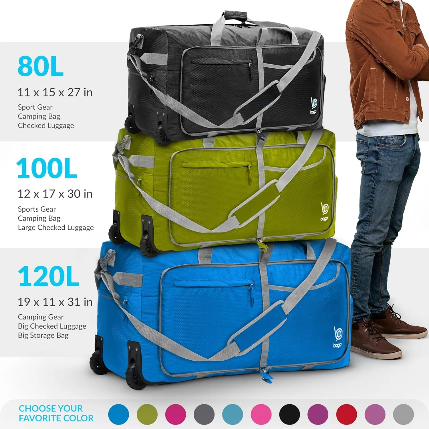 Bago Rolling Duffle Bag with Wheels - 27" 80L Foldable Weekender Bag, Waterproof Travel Duffel Bag, Heavy Duty lightWeight Duffle Bag for Traveling, Rolling Duffel Bag with Wheels (Snow Blue)