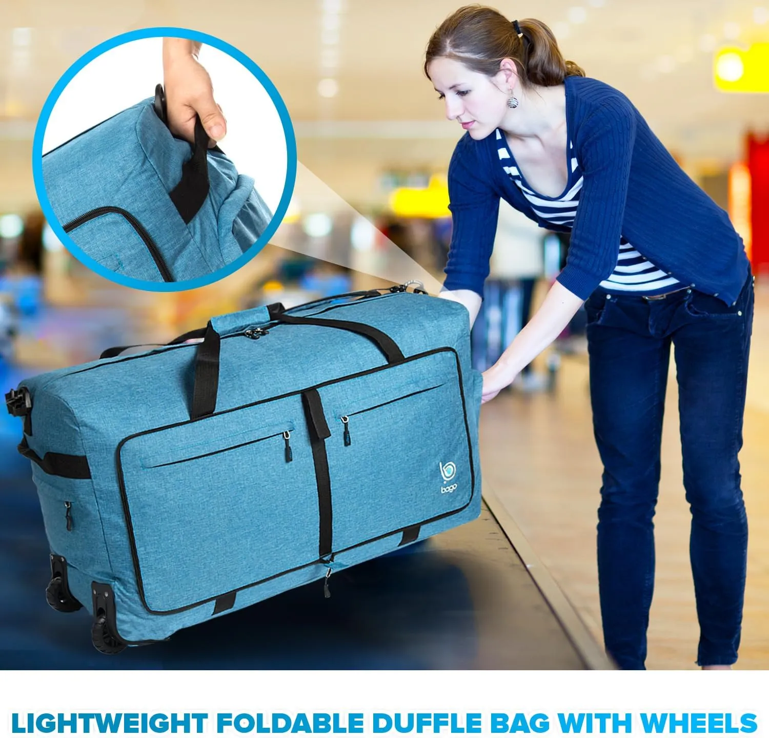 Bago Rolling Duffle Bag with Wheels - 27" 80L Foldable Weekender Bag, Waterproof Travel Duffel Bag, Heavy Duty lightWeight Duffle Bag for Traveling, Rolling Duffel Bag with Wheels (Snow Blue)