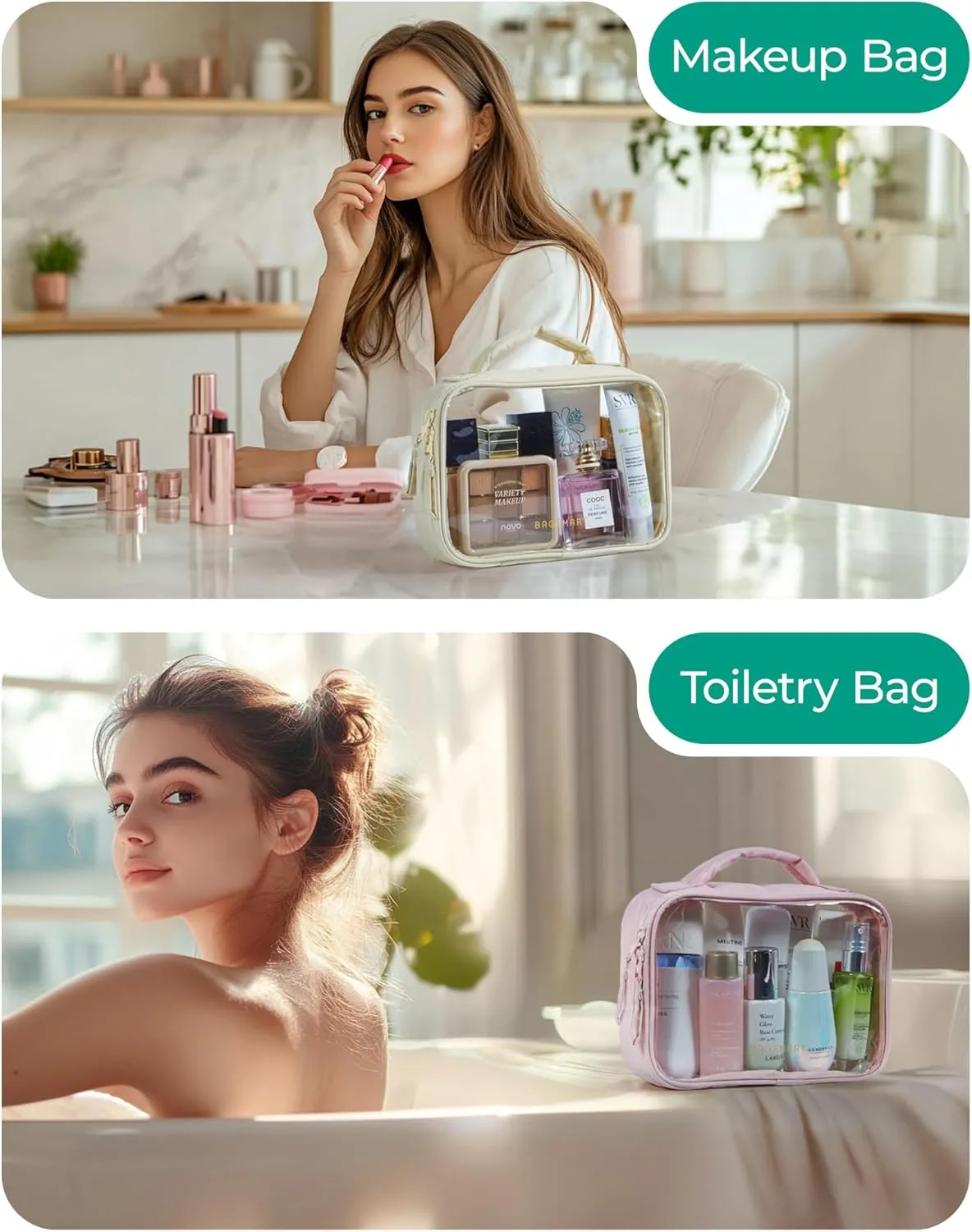 BAGSMART Clear TSA Approved Toiletry Bag, 2 Pack Travel Makeup Quart Size Cosmetic Bag with Handle for Women Men, Carry on Airport Airline Compliant