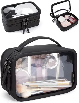 BAGSMART Double Layer Clear Makeup Bag, TSA-Approved Toiletry Bag, Large Opening with Handle, Cute Water-Resistant Travel Cosmetic Bag with Double Zipper for Car Essentials(Black)