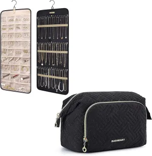 BAGSMART Hanging Jewelry Organizer with Makeup Bag, Storage Roll with Hanger Metal Hooks Cosmetic Bag Make Up Organizer Case Double-Sided Jewelry Holder for Earrings,