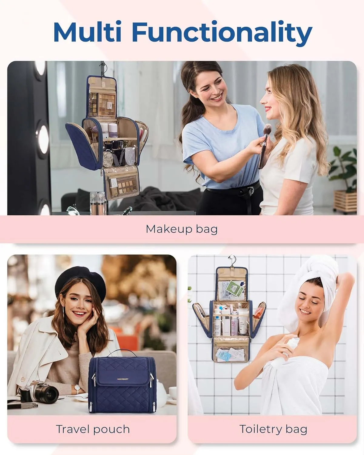 BAGSMART Makeup Bag for Women with Hanging Hook, Large Portable Capacity Water-resistant Organizer Travel Case for Toiletries and Cosmetics, Blue