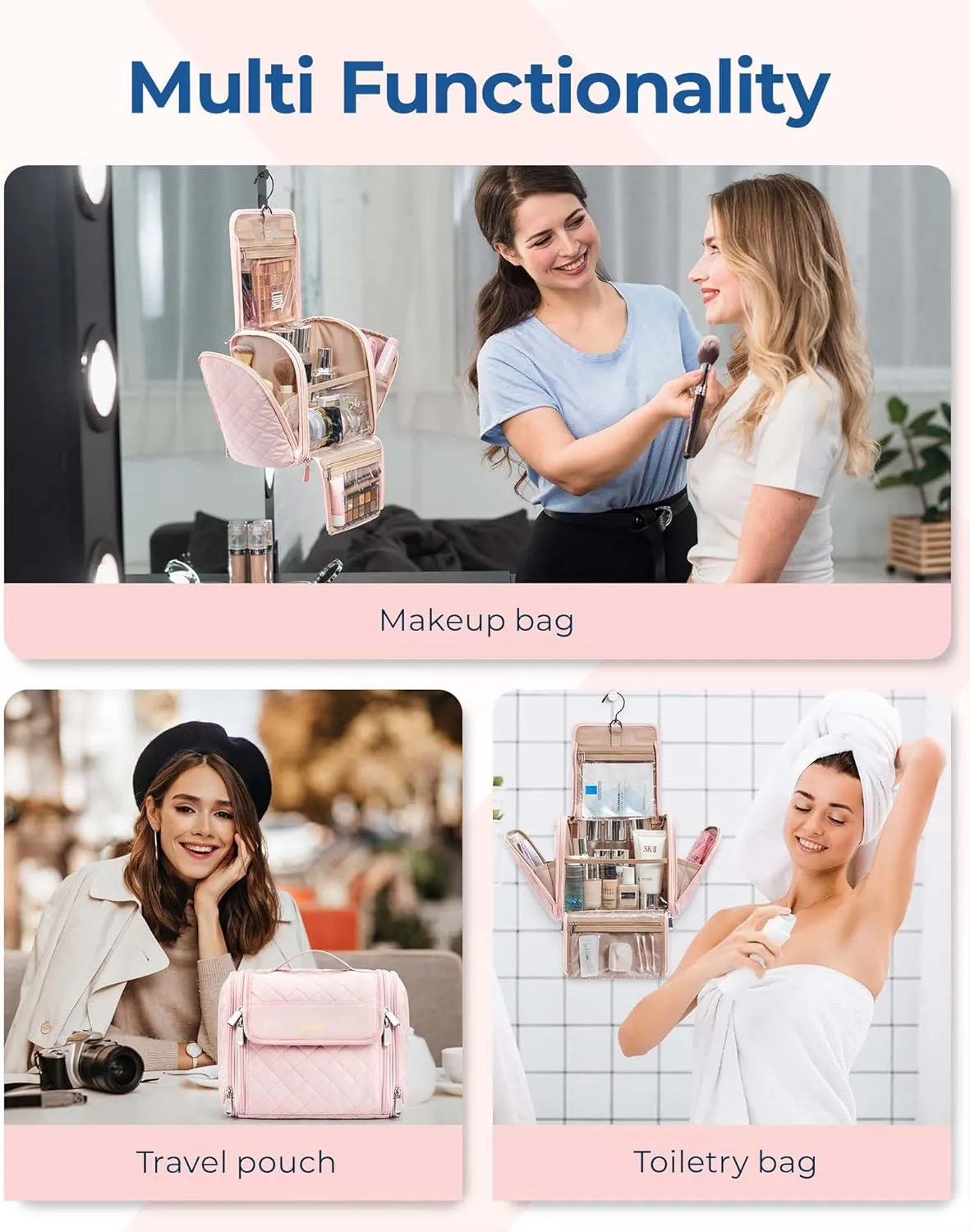 BAGSMART Makeup Bag for Women with Hanging Hook, Large Portable Capacity Water-resistant Organizer Travel Case for Toiletries and Cosmetics, Pink