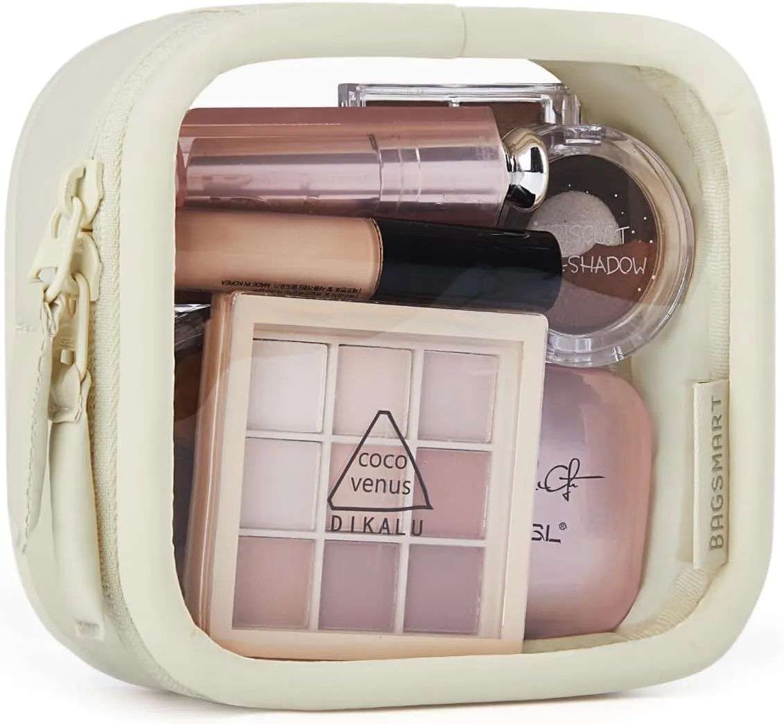 BAGSMART Mini Clear Makeup Bag for Women Portable Travel Toiletry Bag, Cute Small Water-Resistant Cosmetic Bag TSA Approved Clear Makeup Case Pouch with Zipper for Car Essentials(Beige)