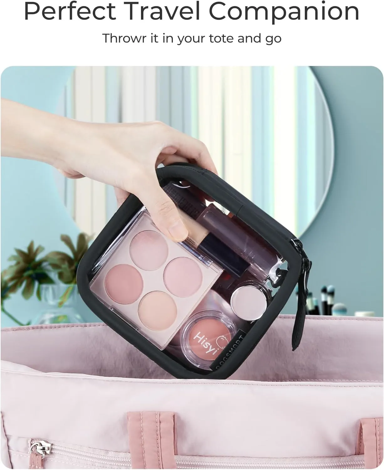BAGSMART Mini Clear Makeup Bag for Women Portable Travel Toiletry Bag, Cute Small Water-Resistant Cosmetic Bag TSA Approved Clear Makeup Case Pouch with Zipper for Car Essentials(Beige)