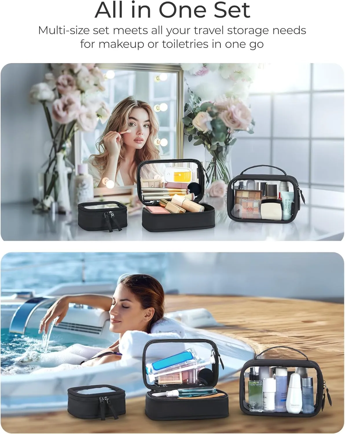 BAGSMART Mini Clear Makeup Bag for Women Portable Travel Toiletry Bag, Cute Small Water-Resistant Cosmetic Bag TSA Approved Clear Makeup Case Pouch with Zipper for Car Essentials(Beige)