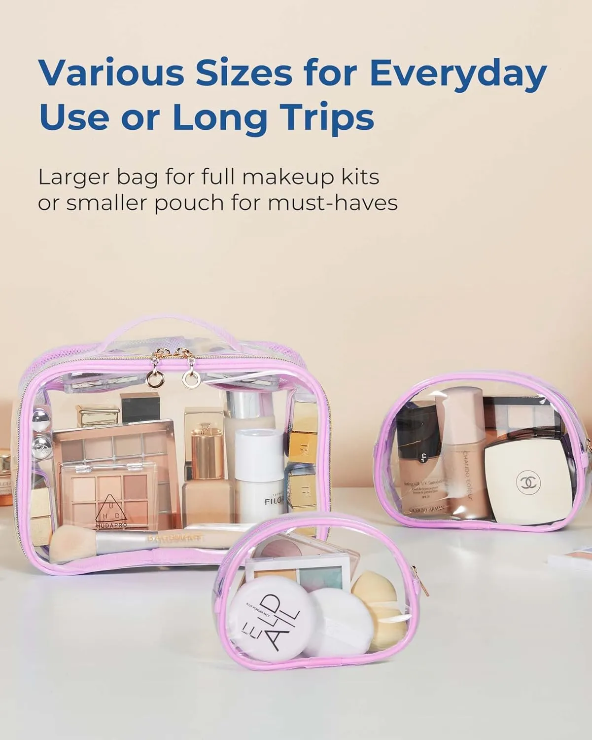 BAGSMART TSA Approved Toiletry Bag, Clear Makeup Organizer Waterproof Quart Size Bag, Cute Makeup Bag Wide-open Pouch for Women Purse for Toiletries Accessories Brushes, Pink, 3 Packs