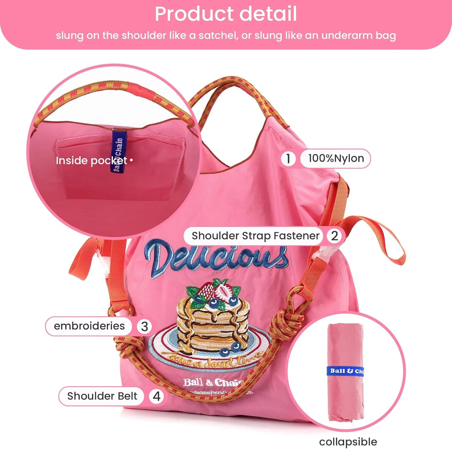 Ball&Chain Embroidery Tote Bag for Women with Shoulder Strap，is a Great Gift for Women, Mom, Teachers, Friends, Bridesmaids