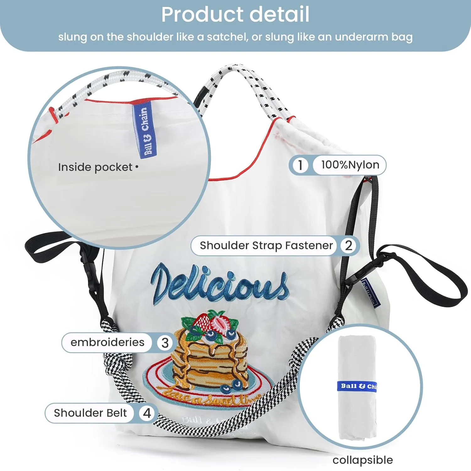 Ball&Chain Embroidery Tote Bag for Women with Shoulder Strap，is a Great Gift for Women, Mom, Teachers, Friends, Bridesmaids
