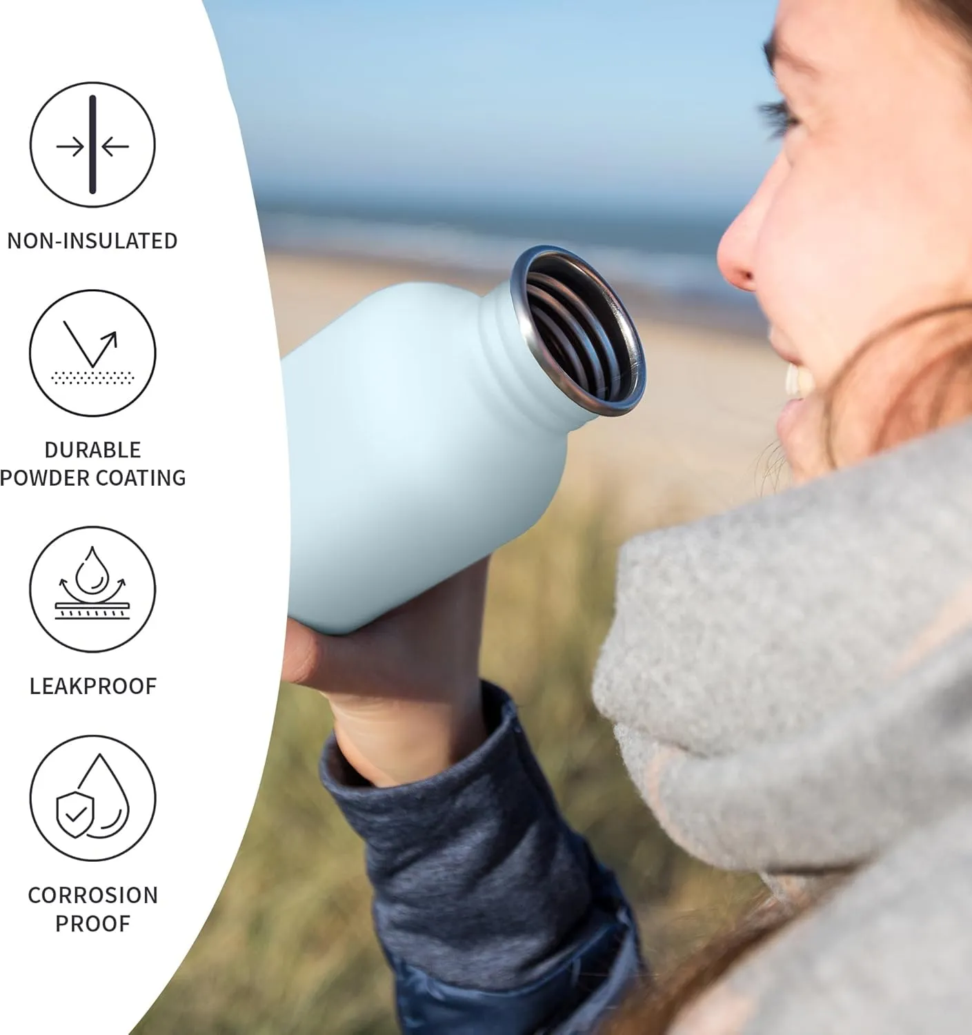Bambaw 32 oz Water Bottle, Non-insulated Light Blue Water Bottle 32oz, Single Wall Stainless Steel Bottle, Metal Water Bottle with Handle, Big Water Bottle 1 Liter – Ice Blue