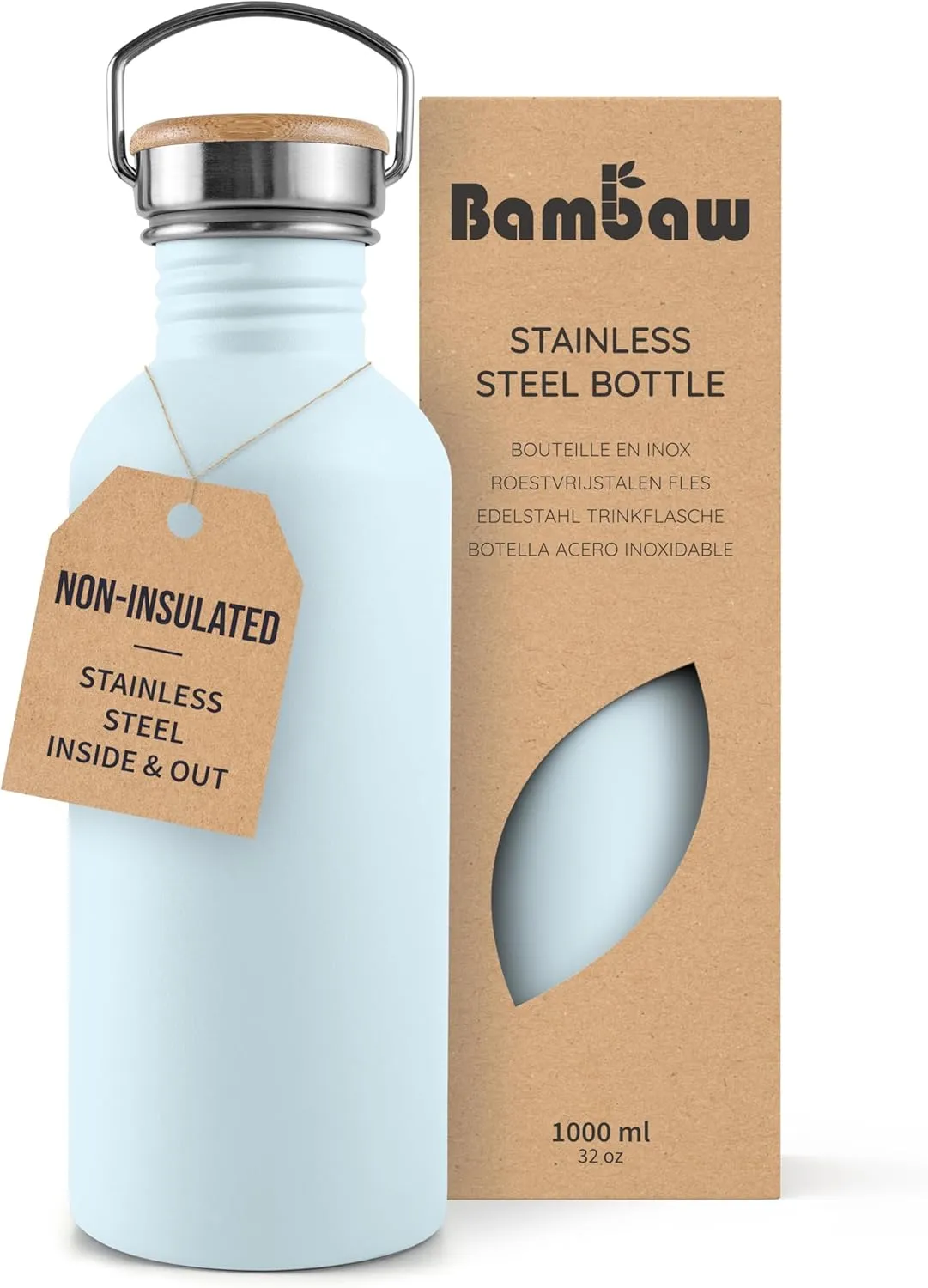 Bambaw 32 oz Water Bottle, Non-insulated Light Blue Water Bottle 32oz, Single Wall Stainless Steel Bottle, Metal Water Bottle with Handle, Big Water Bottle 1 Liter – Ice Blue