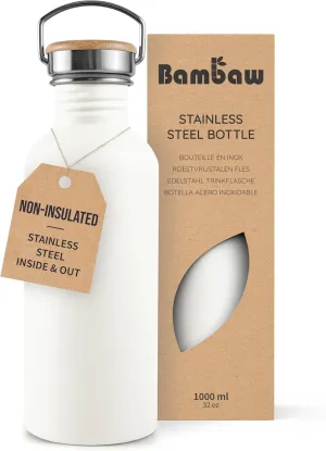 Bambaw 32 oz Water Bottle Stainless Steel, White Water Bottle 32oz, Non Insulated Water Bottle Metal, Camping Water Bottle with Handle, Leak Proof Water Bottle for Men and Women – Polar White