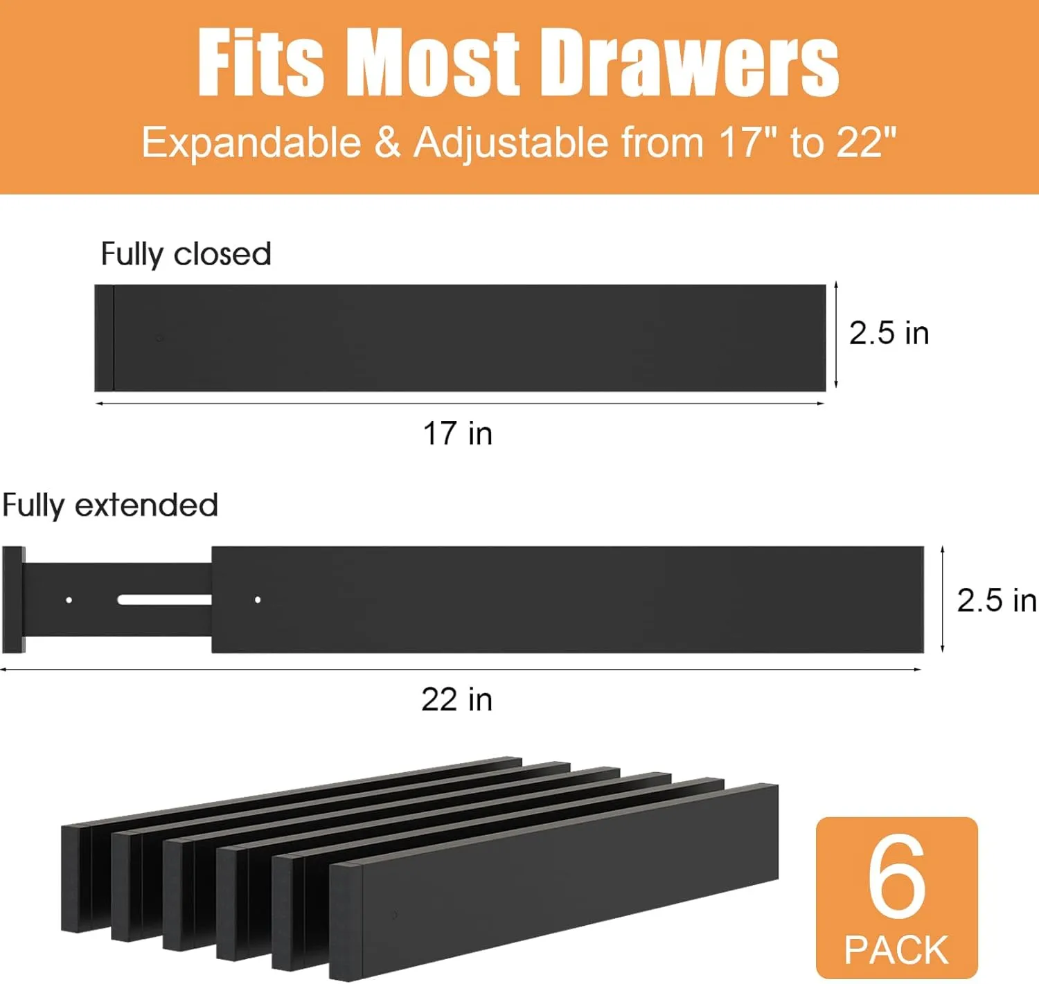 Bamboo Drawer Dividers,17-22" Adjustable Kitchen Drawer Organizer for Clothes,6 Pack Expandable Drawer Organization Separators for Bedroom,Bathroom,Dresser and Office,Black