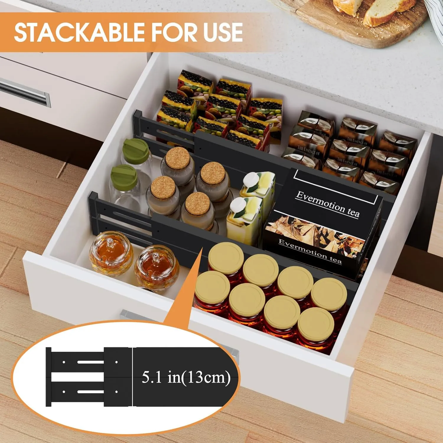 Bamboo Drawer Dividers,17-22" Adjustable Kitchen Drawer Organizer for Clothes,6 Pack Expandable Drawer Organization Separators for Bedroom,Bathroom,Dresser and Office,Black