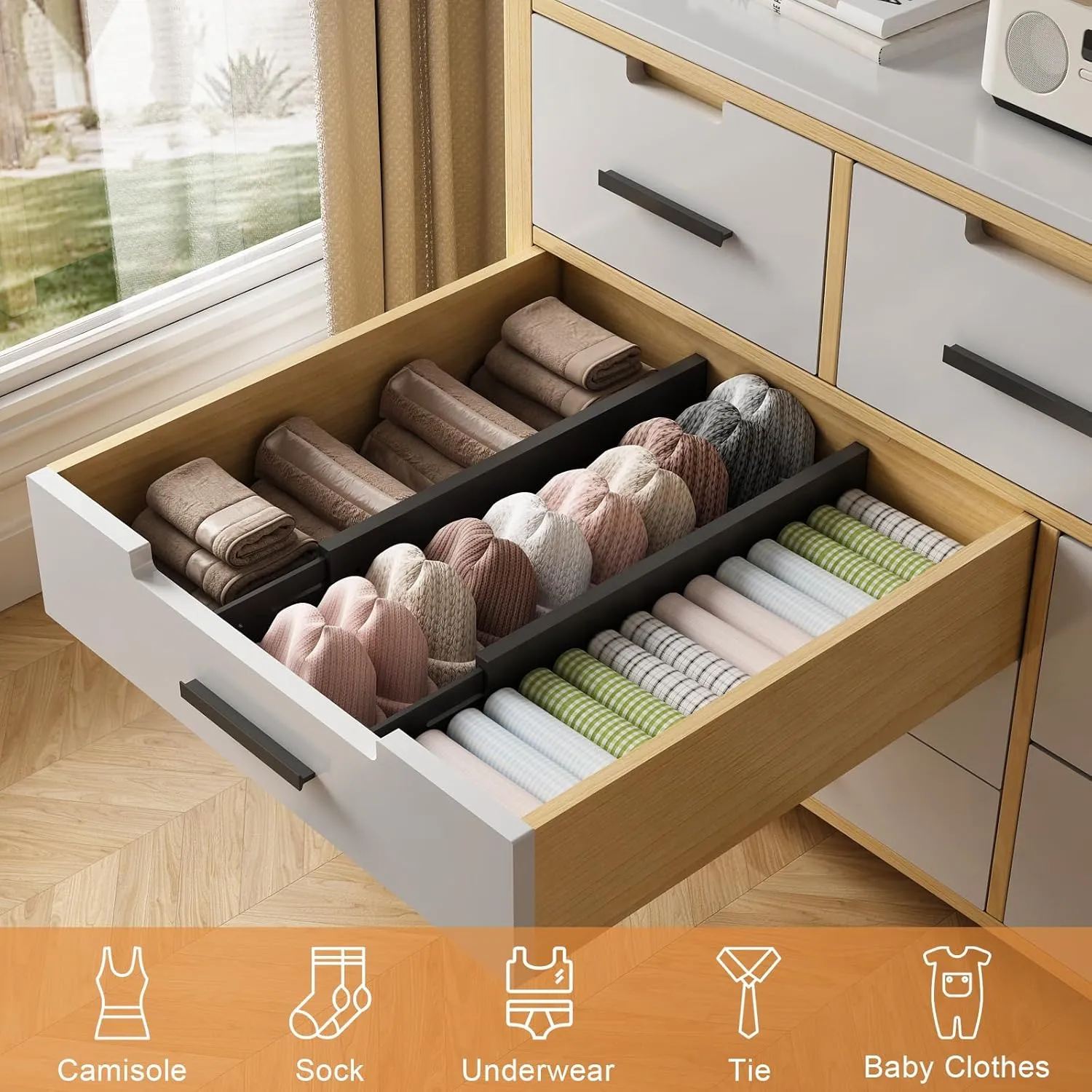 Bamboo Drawer Dividers,17-22" Adjustable Kitchen Drawer Organizer for Clothes,6 Pack Expandable Drawer Organization Separators for Bedroom,Bathroom,Dresser and Office,Black
