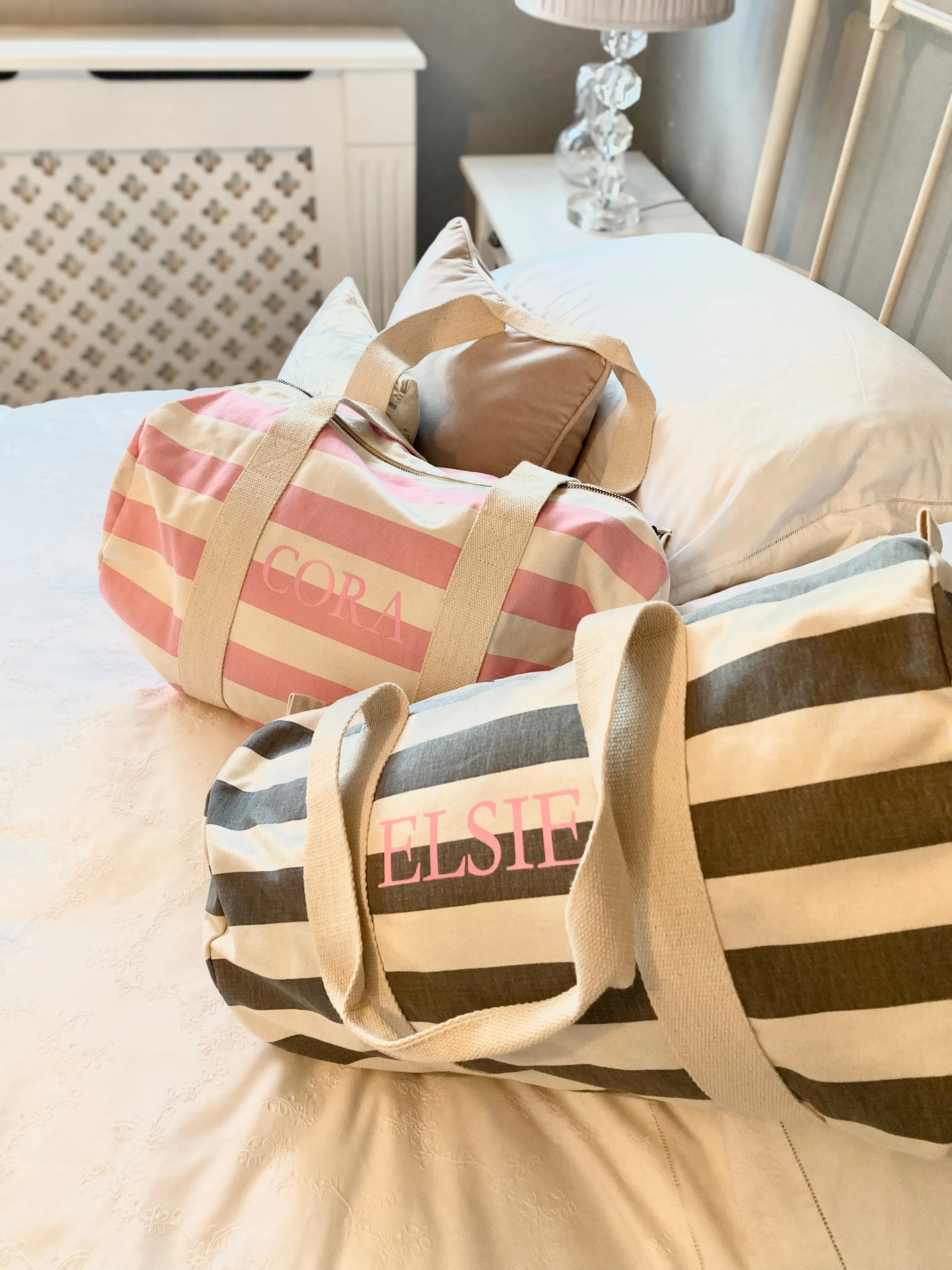 Barrel Bag Grey Stripe Name