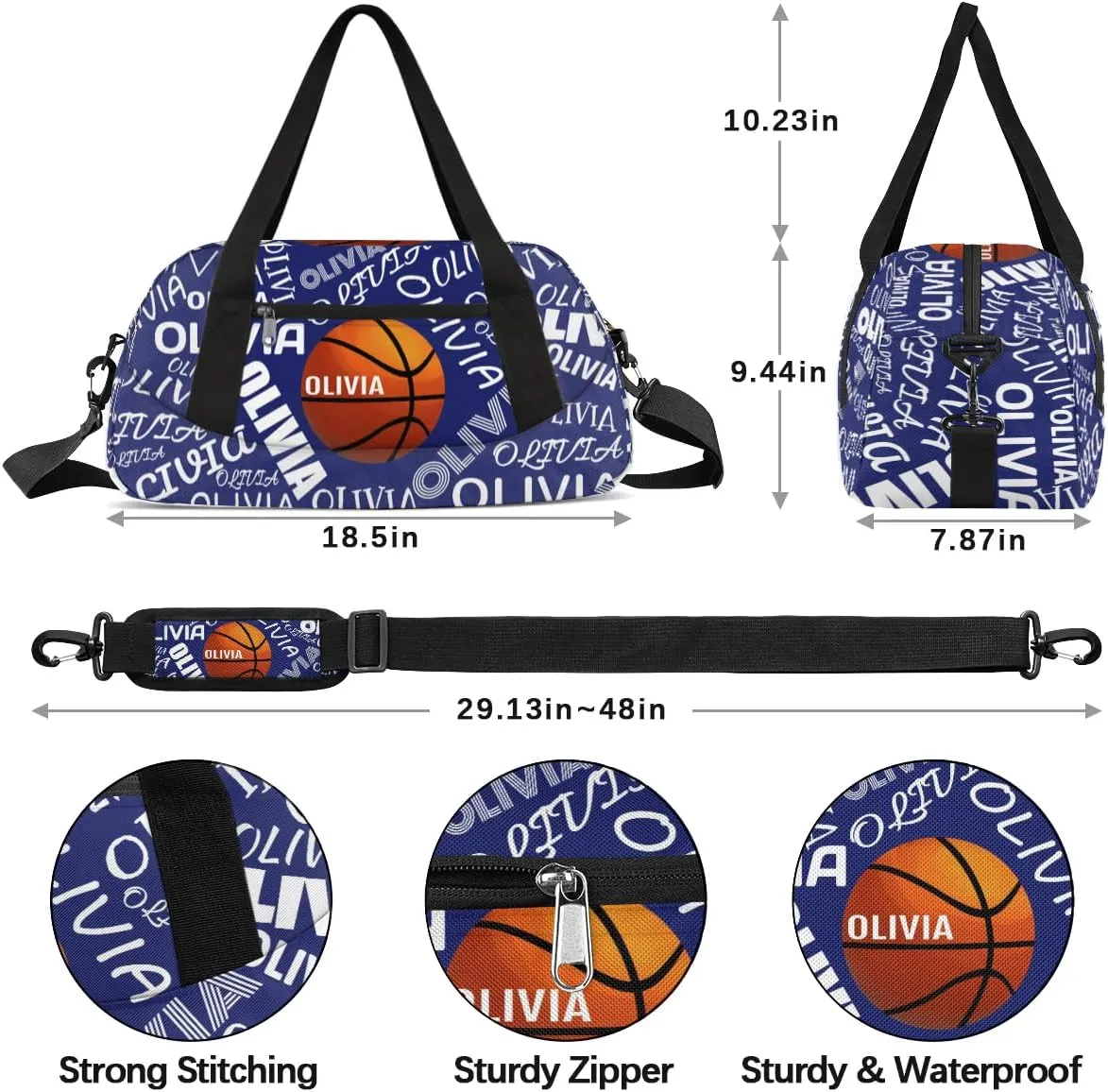 Basketball Custom Sport Gym Bag, Personalized Name Overnight Duffel Bag for Boys Girls Weekender Bags Carry On Training Bag, Blue