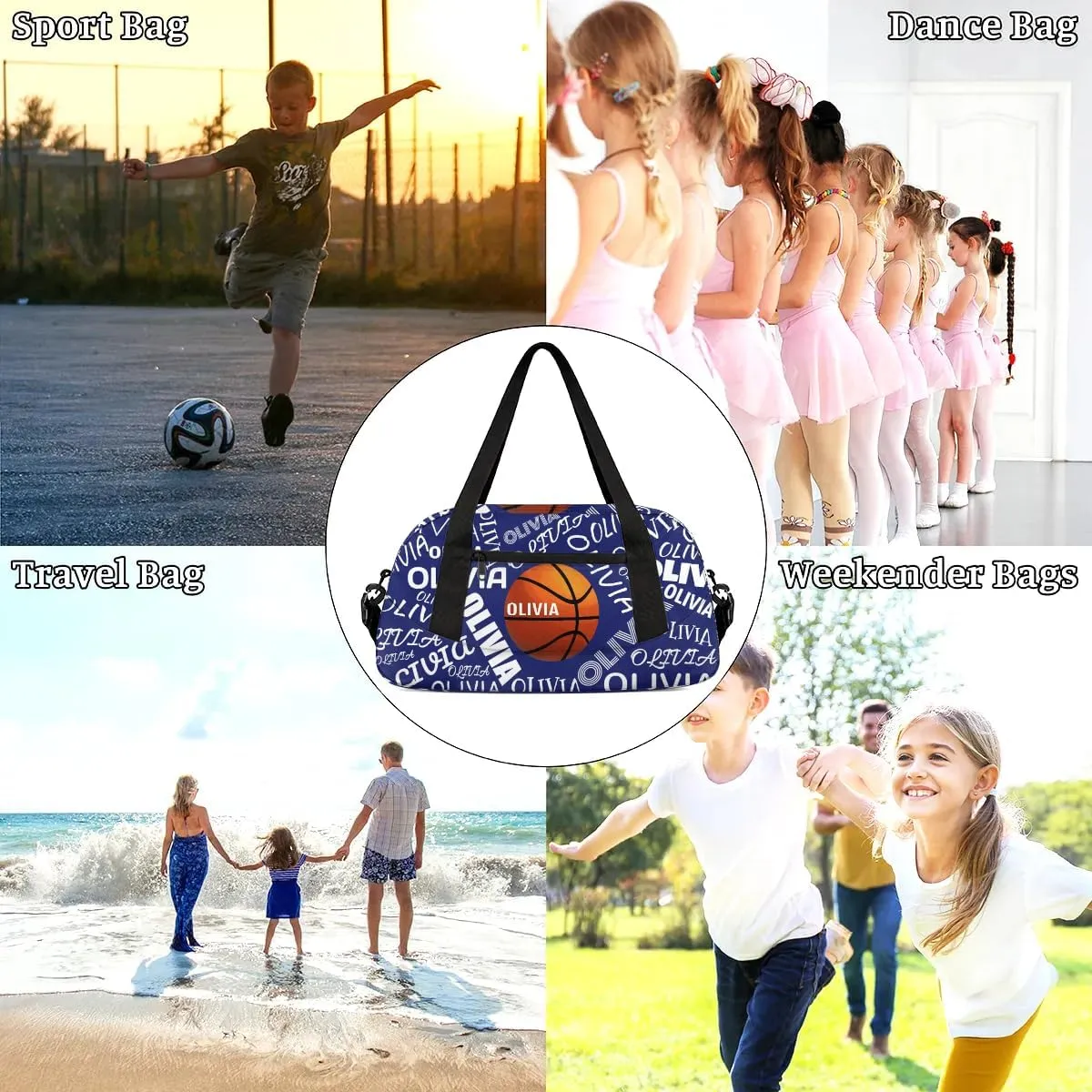 Basketball Custom Sport Gym Bag, Personalized Name Overnight Duffel Bag for Boys Girls Weekender Bags Carry On Training Bag, Blue