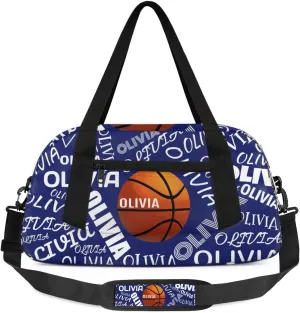 Basketball Custom Sport Gym Bag, Personalized Name Overnight Duffel Bag for Boys Girls Weekender Bags Carry On Training Bag, Blue