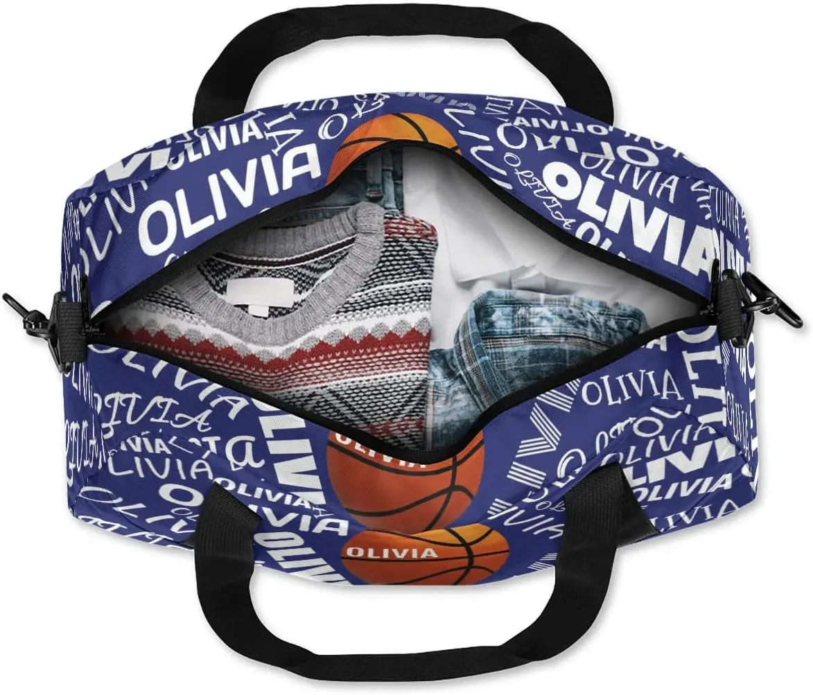 Basketball Custom Sport Gym Bag, Personalized Name Overnight Duffel Bag for Boys Girls Weekender Bags Carry On Training Bag, Blue