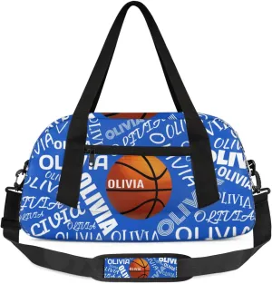 Basketball Custom Sport Gym Bag, Personalized Name Overnight Duffel Bag for Boys Girls Weekender Bags Carry On Training Bag, Bright Blue