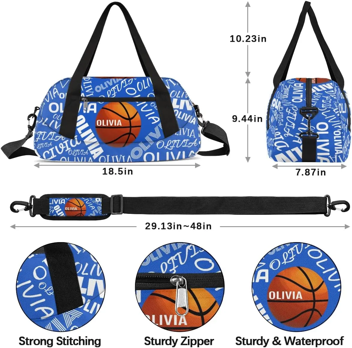 Basketball Custom Sport Gym Bag, Personalized Name Overnight Duffel Bag for Boys Girls Weekender Bags Carry On Training Bag, Bright Blue