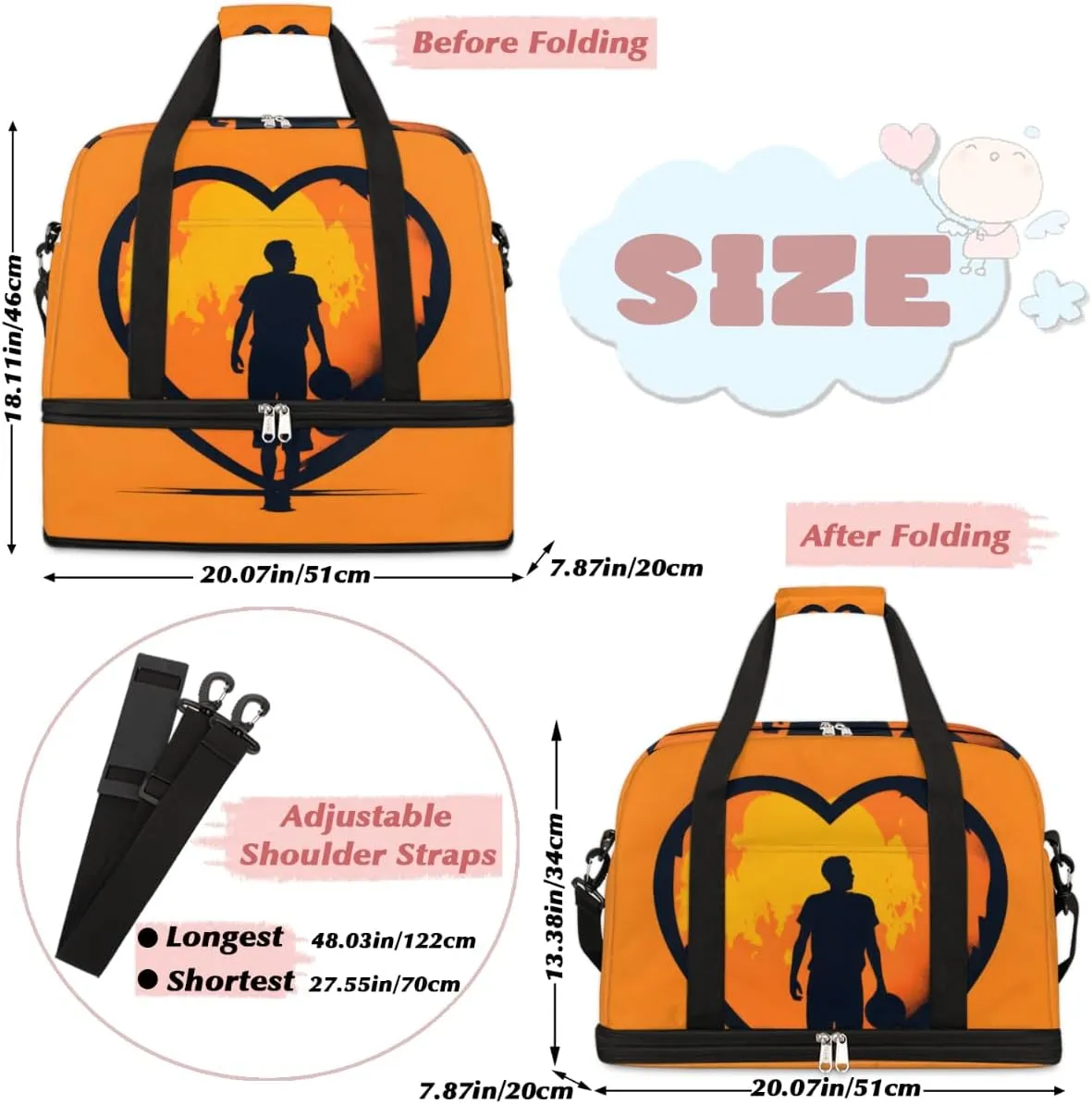 Basketball player playing basketball Foldable Duffle Bag with Shoes Compartment Large Capacity Waterproof Travel Weekender Bag Overnight Bag for Sports Gym