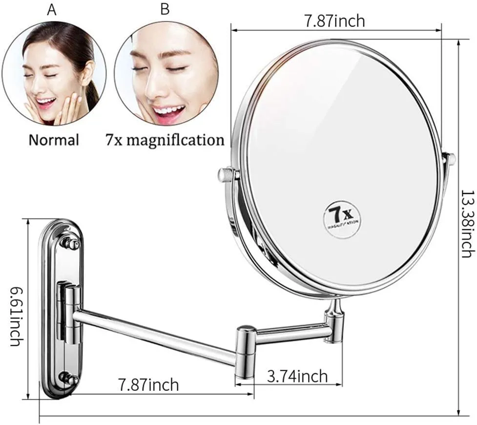 Bathroom Makeup Mirrors Wall Mounted Brass Double Sided 360° Swivel Magnifying Vanity Shaving Extendable Adjustable (Color : 8inch, Size : 3X)