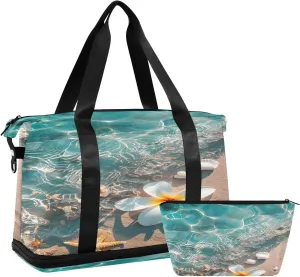 Beach Ripple Starfish Gym Bag for Women Sport Travel Duffel Bag Shoulder Weekender Overnight Bags with Wet Pocket & Shoe Compartment