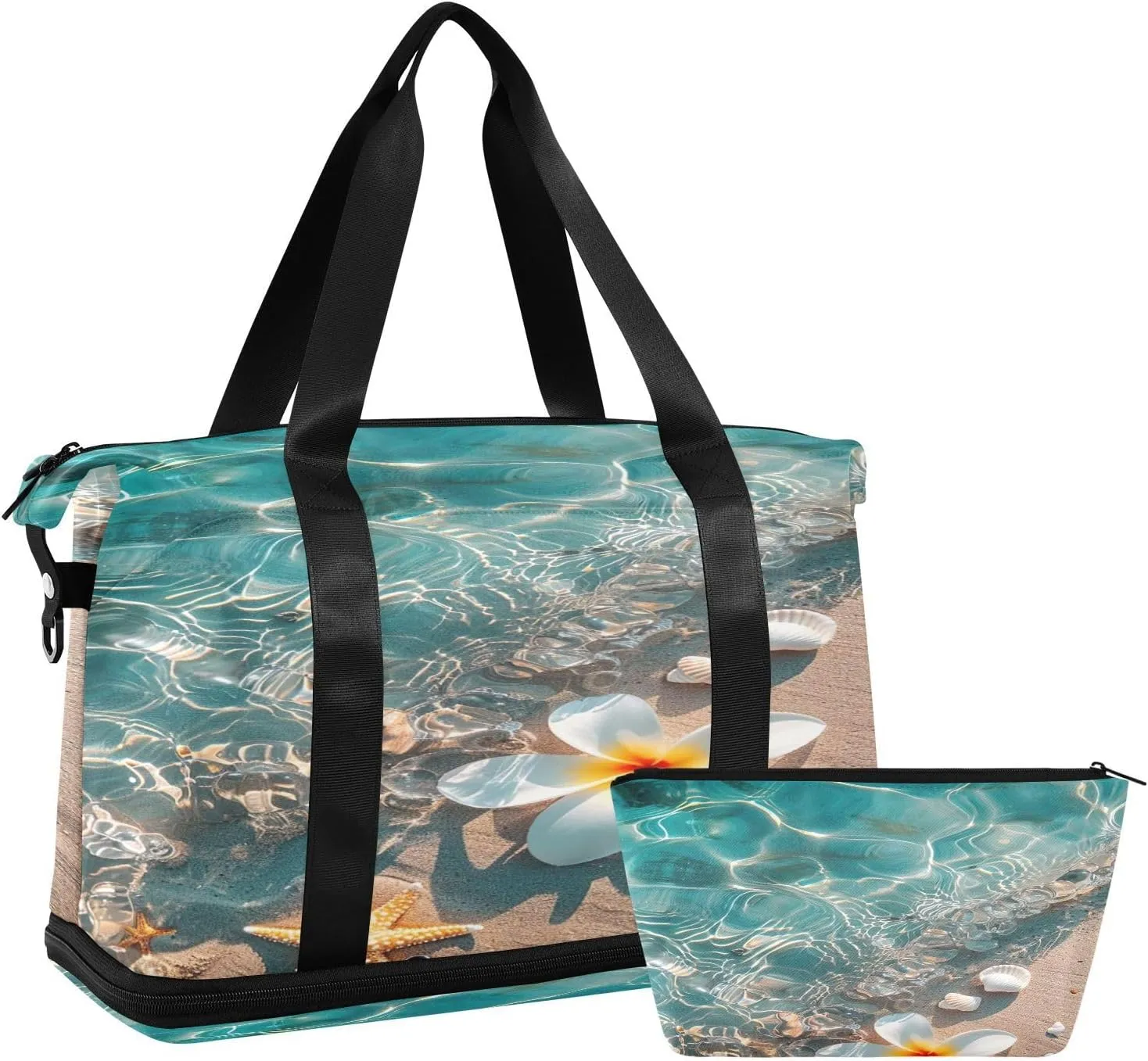 Beach Ripple Starfish Gym Bag for Women Sport Travel Duffel Bag Shoulder Weekender Overnight Bags with Wet Pocket & Shoe Compartment