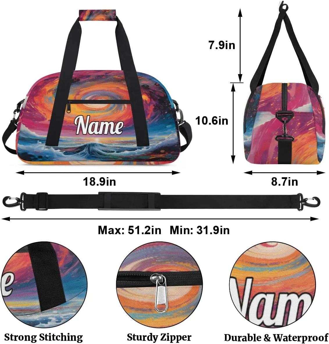 Beach Theme Design Custom Name Sport Duffel Bag Dance Bag for Girls Teens Personalized Ballet Bag Gift for Birthday Christmas Helloween