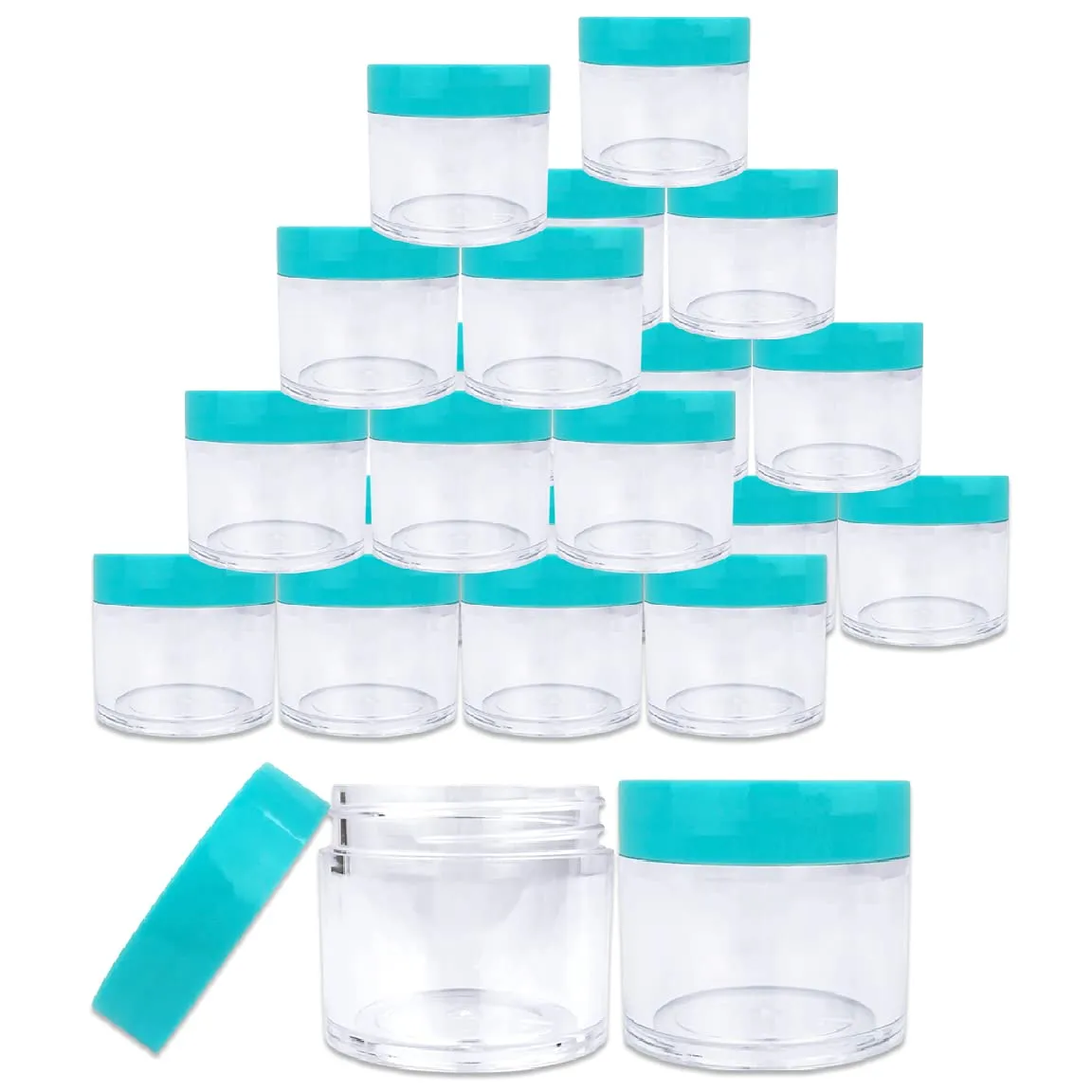 Beauticom 30g/30ml (1 fl. oz.) Double Wall Clear Plastic Leak Proof Jars with Flat Top Lids for Creams, Lotions, Make Up, Powders, Glitters, and more... (Color: Teal Lid, Pieces: 24)