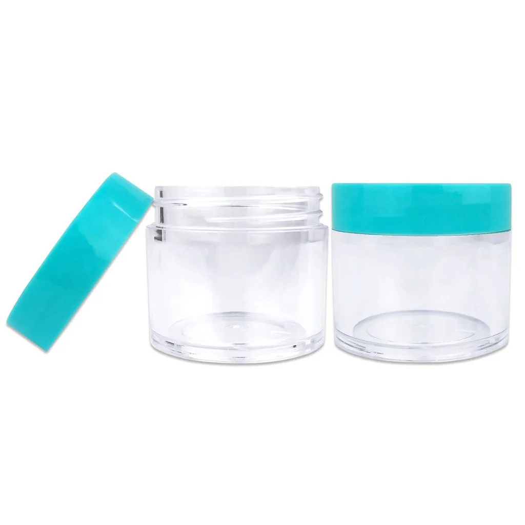 Beauticom 30g/30ml (1 fl. oz.) Double Wall Clear Plastic Leak Proof Jars with Flat Top Lids for Creams, Lotions, Make Up, Powders, Glitters, and more... (Color: Teal Lid, Pieces: 24)