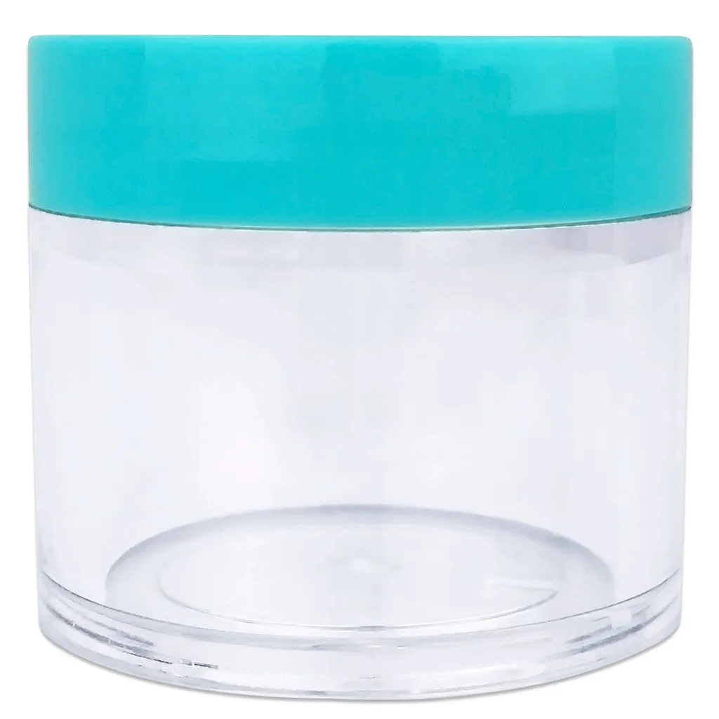 Beauticom 30g/30ml (1 fl. oz.) Double Wall Clear Plastic Leak Proof Jars with Flat Top Lids for Creams, Lotions, Make Up, Powders, Glitters, and more... (Color: Teal Lid, Pieces: 24)