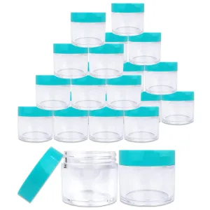 Beauticom 30g/30ml (1 fl. oz.) Double Wall Clear Plastic Leak Proof Jars with Flat Top Lids for Creams, Lotions, Make Up, Powders, Glitters, and more... (Color: Teal Lid, Pieces: 24)