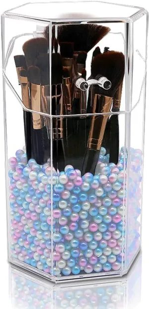 Beautybaby Makeup Brush Holder with Lid Dustproof Cosmestic Brushes Organizer Hexagon Display Cases Protect Brushes Storage with Free Pearls