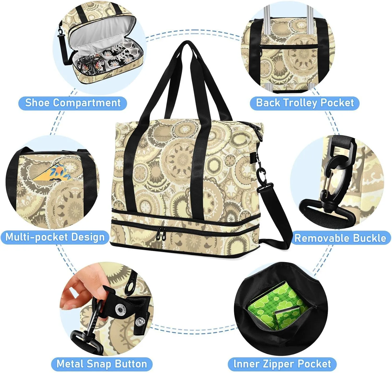 Beige Brown Ethnic Tribal Circles Texture Gym Duffel Bag, Polyester Travel Weekender Luggage Handbag with Waterproof Pocket for Wet Items, Unisex Foldable Tote for Sports
