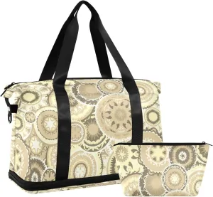Beige Brown Ethnic Tribal Circles Texture Gym Duffel Bag, Polyester Travel Weekender Luggage Handbag with Waterproof Pocket for Wet Items, Unisex Foldable Tote for Sports