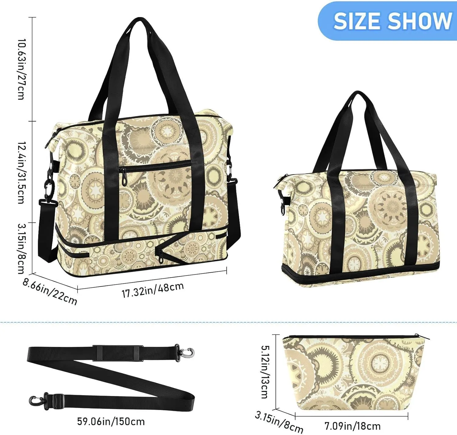 Beige Brown Ethnic Tribal Circles Texture Gym Duffel Bag, Polyester Travel Weekender Luggage Handbag with Waterproof Pocket for Wet Items, Unisex Foldable Tote for Sports